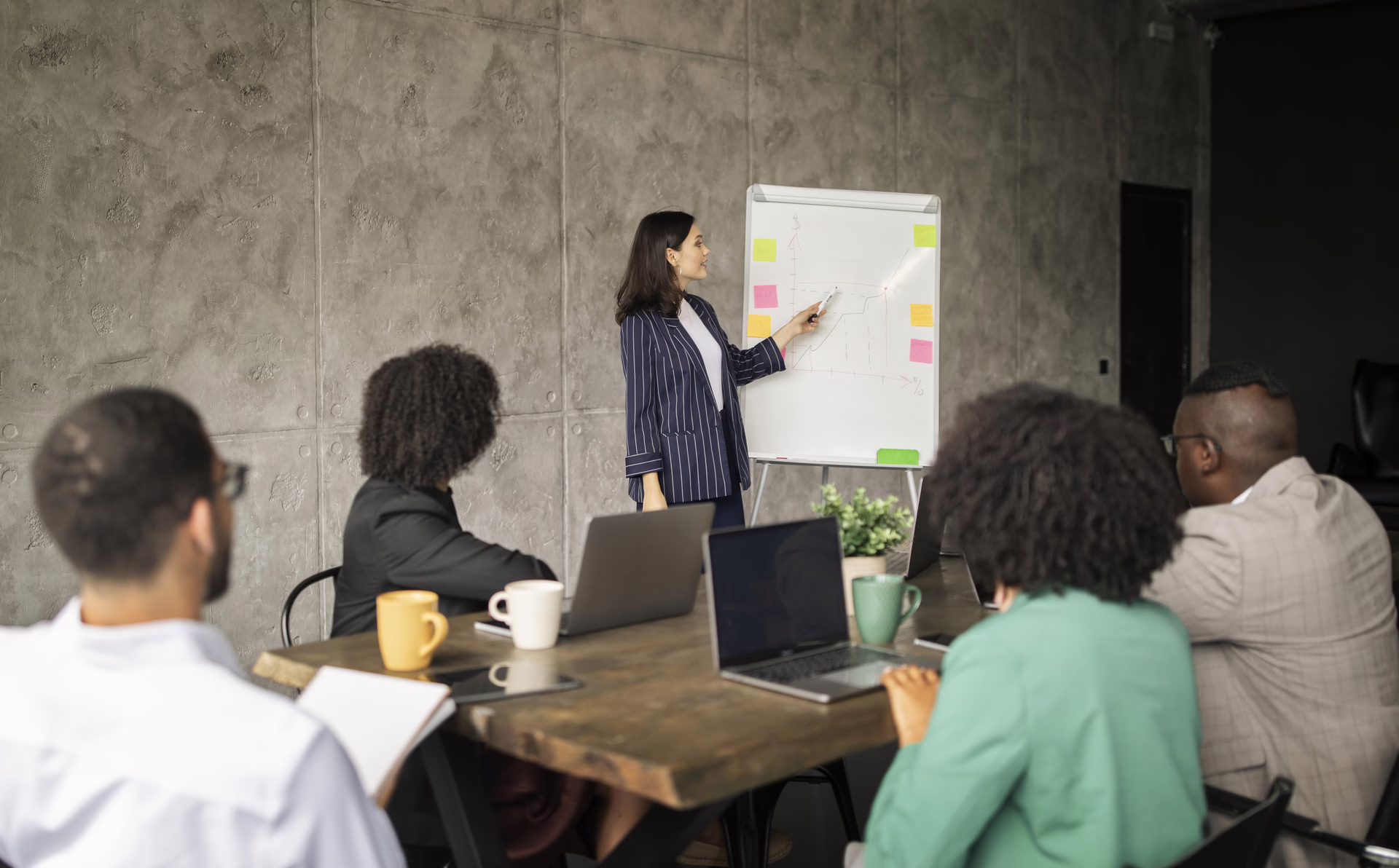 Professional presenting information on a flip chart to colleagues seated around a table in a meeting room.
